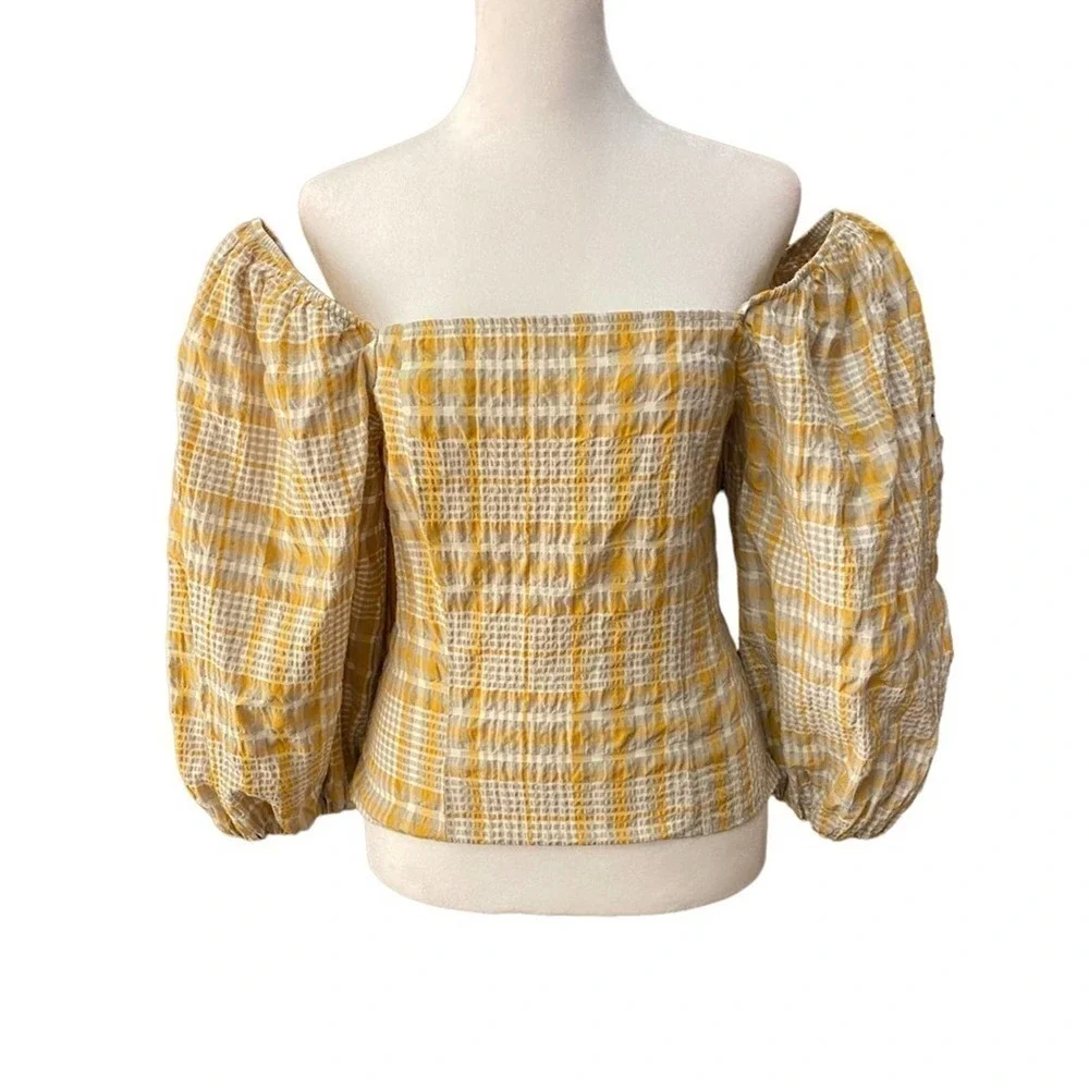 Anthropologie Maeve Plaid Print Square-Neck Blouse Puff Sleeves Cream Yellow Top